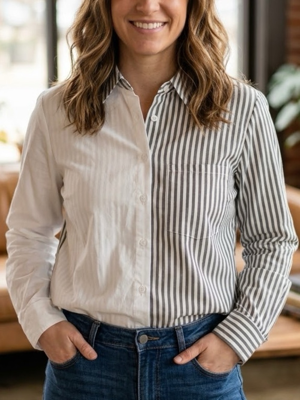 NWOT The Nu Vintage Long Sleeve Button Down Split Panel Design Pinstriped Size S